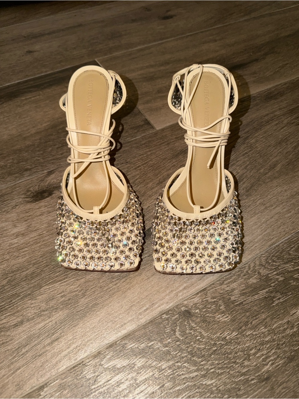 Bottega Veneta Crystal Embellished Cream Strappy Heels